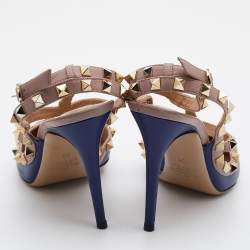 Pre Owned Valentino Blue/Pink Leather Rockstud Pointed Toe Ankle Strap Pumps Size 38