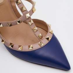 Pre Owned Valentino Blue/Pink Leather Rockstud Pointed Toe Ankle Strap Pumps Size 38
