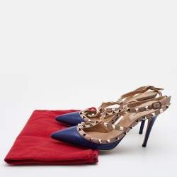 Pre Owned Valentino Blue/Pink Leather Rockstud Pointed Toe Ankle Strap Pumps Size 38