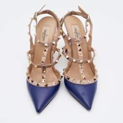 Pre Owned Valentino Blue/Pink Leather Rockstud Pointed Toe Ankle Strap Pumps Size 38