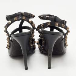 Pre Owned Valentino Black Leather Rockstud Ankle Strap Pumps Size 37