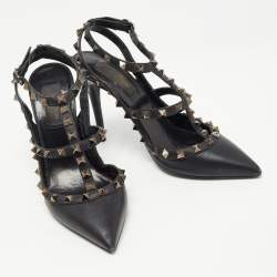 Pre Owned Valentino Black Leather Rockstud Ankle Strap Pumps Size 37