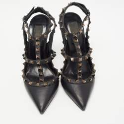 Pre Owned Valentino Black Leather Rockstud Ankle Strap Pumps Size 37