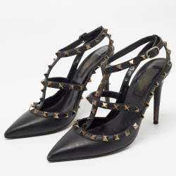 Pre Owned Valentino Black Leather Rockstud Ankle Strap Pumps Size 37