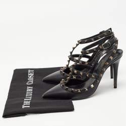 Pre Owned Valentino Black Leather Rockstud Ankle Strap Pumps Size 37