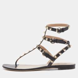 Pre Owned Valentino Black Leather Rockstud Ankle Strap Flats Size 37.5