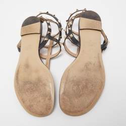 Pre Owned Valentino Black Leather Rockstud Ankle Strap Flats Size 37.5