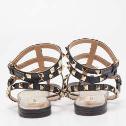 Pre Owned Valentino Black Leather Rockstud Ankle Strap Flats Size 37.5