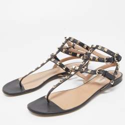 Pre Owned Valentino Black Leather Rockstud Ankle Strap Flats Size 37.5
