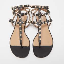 Pre Owned Valentino Black Leather Rockstud Ankle Strap Flats Size 37.5