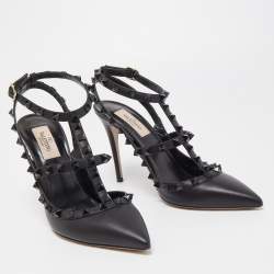 Pre Owned Valentino Black Leather Rockstud Ankle Strap Pumps Size 38.5