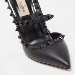 Pre Owned Valentino Black Leather Rockstud Ankle Strap Pumps Size 38.5