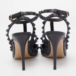 Pre Owned Valentino Black Leather Rockstud Ankle Strap Pumps Size 38.5