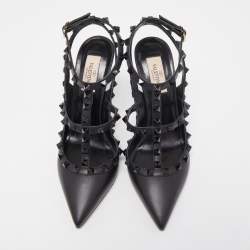 Pre Owned Valentino Black Leather Rockstud Ankle Strap Pumps Size 38.5