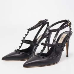 Pre Owned Valentino Black Leather Rockstud Ankle Strap Pumps Size 38.5