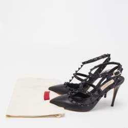 Pre Owned Valentino Black Leather Rockstud Ankle Strap Pumps Size 38.5