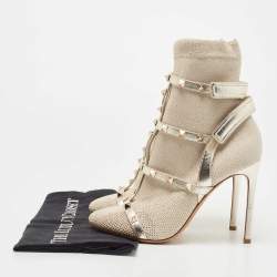 Pre Owned Valentino Silver Stretch Knit and Leather Rockstud Bodytech Ankle Boots Size 37