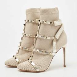 Pre Owned Valentino Silver Stretch Knit and Leather Rockstud Bodytech Ankle Boots Size 37