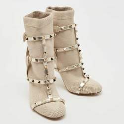 Pre Owned Valentino Silver Stretch Knit and Leather Rockstud Bodytech Ankle Boots Size 37