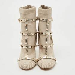 Pre Owned Valentino Silver Stretch Knit and Leather Rockstud Bodytech Ankle Boots Size 37