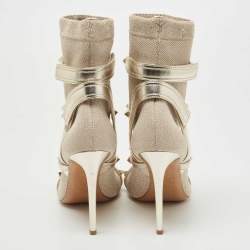 Pre Owned Valentino Silver Stretch Knit and Leather Rockstud Bodytech Ankle Boots Size 37