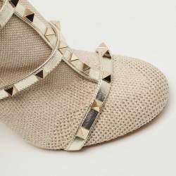 Pre Owned Valentino Silver Stretch Knit and Leather Rockstud Bodytech Ankle Boots Size 37