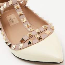 Pre Owned Valentino Beige/Pink Leather and Patent Rockstud Ankle Strap Ballet Flats Size 37