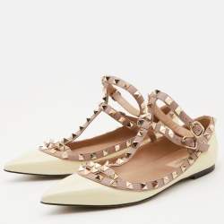 Pre Owned Valentino Beige/Pink Leather and Patent Rockstud Ankle Strap Ballet Flats Size 37