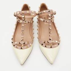 Pre Owned Valentino Beige/Pink Leather and Patent Rockstud Ankle Strap Ballet Flats Size 37
