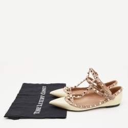 Pre Owned Valentino Beige/Pink Leather and Patent Rockstud Ankle Strap Ballet Flats Size 37