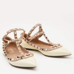 Pre Owned Valentino Beige/Pink Leather and Patent Rockstud Ankle Strap Ballet Flats Size 37