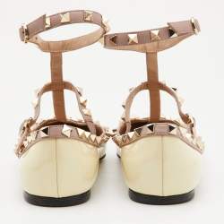 Pre Owned Valentino Beige/Pink Leather and Patent Rockstud Ankle Strap Ballet Flats Size 37
