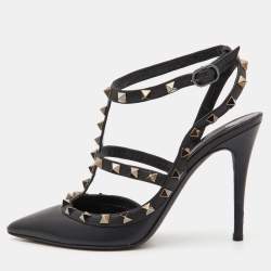 Valentino Black Leather Rockstud Ankle Strap Pumps Size 37