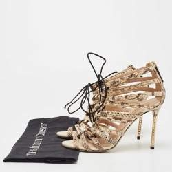 Valentino Brown/Beige Watersnake Rockstud Lace Up Strappy Sandals Size 37.5