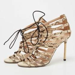Valentino Brown/Beige Watersnake Rockstud Lace Up Strappy Sandals Size 37.5