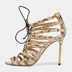 Valentino Brown/Beige Watersnake Rockstud Lace Up Strappy Sandals Size 37.5