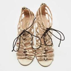 Valentino Brown/Beige Watersnake Rockstud Lace Up Strappy Sandals Size 37.5