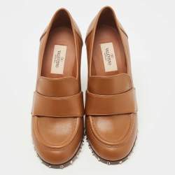 Pre Owned Valentino Tan Leather Rockstud Loafer Pumps Size 38