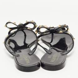 Pre Owned Valentino Black Jelly Rockstud Bow Thong Flats Size 38