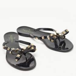 Pre Owned Valentino Black Jelly Rockstud Bow Thong Flats Size 38