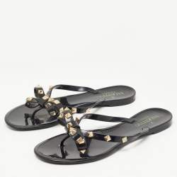 Pre Owned Valentino Black Jelly Rockstud Bow Thong Flats Size 38