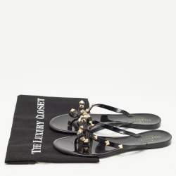 Pre Owned Valentino Black Jelly Rockstud Bow Thong Flats Size 38