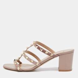 Pre Owned Valentino Beige Leather Rockstud Slide Sandals Size 39