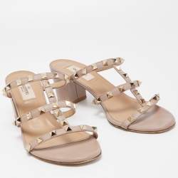 Pre Owned Valentino Beige Leather Rockstud Slide Sandals Size 39