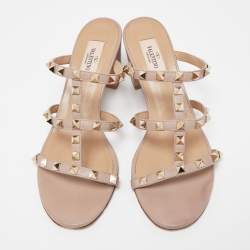 Pre Owned Valentino Beige Leather Rockstud Slide Sandals Size 39