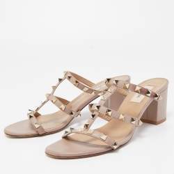 Pre Owned Valentino Beige Leather Rockstud Slide Sandals Size 39