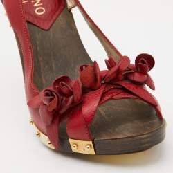 Pre Owned Valentino Red Leather Floral Applique Slingback Sandals Size 36