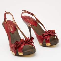 Pre Owned Valentino Red Leather Floral Applique Slingback Sandals Size 36