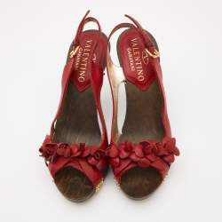 Pre Owned Valentino Red Leather Floral Applique Slingback Sandals Size 36