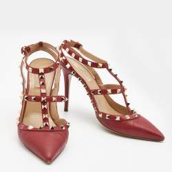 Pre Owned Valentino Red Leather Rockstud Ankle Strap  Pumps Size 40